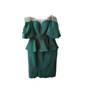 Odrella Rhinestone Mesh Peplum Puffer Sleeve Dress UK 12/ US 10 Women's